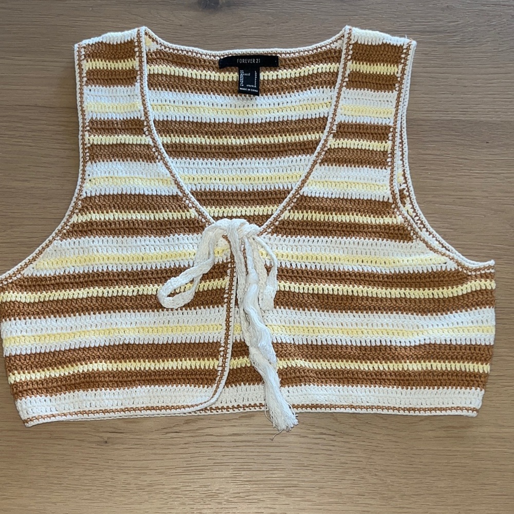 Brown and Cream Crochet Tie-Front Crop Top